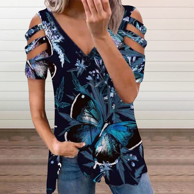 Stylish print t-shirt with cold shoulder