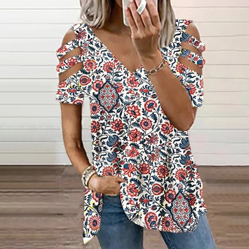Stylish print t-shirt with cold shoulder