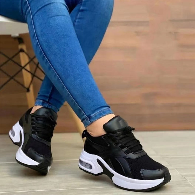 Women's round toe mid-heel lace-up mesh sneakers