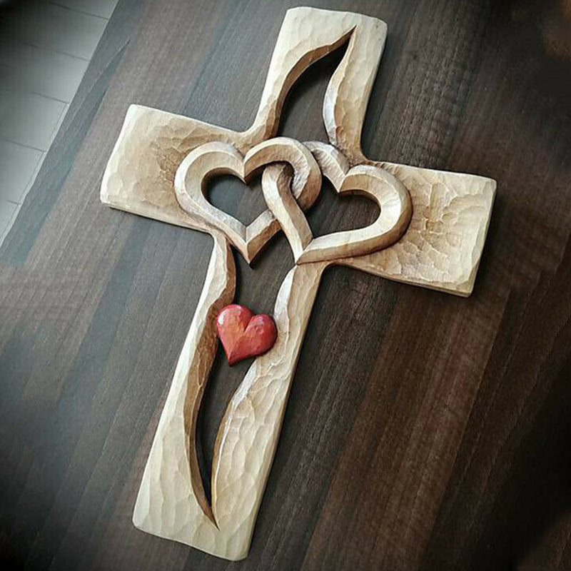 Carved Wooden Cross - Intertwined Hearts