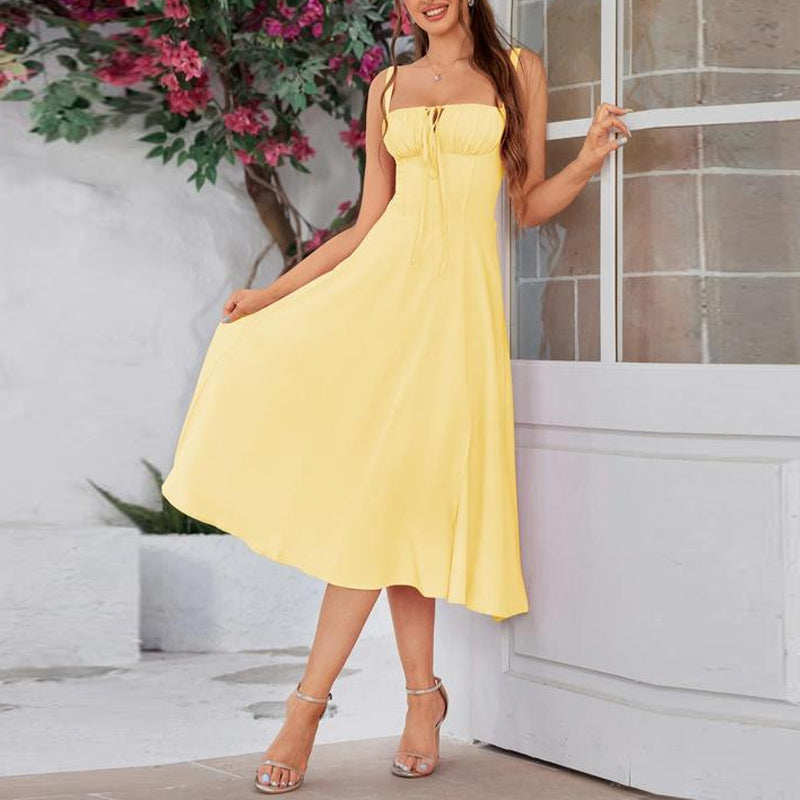 Elegant Waist-Tie Plain Slit Cami Dress