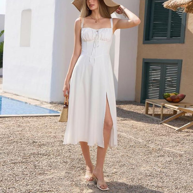 Elegant Waist-Tie Plain Slit Cami Dress