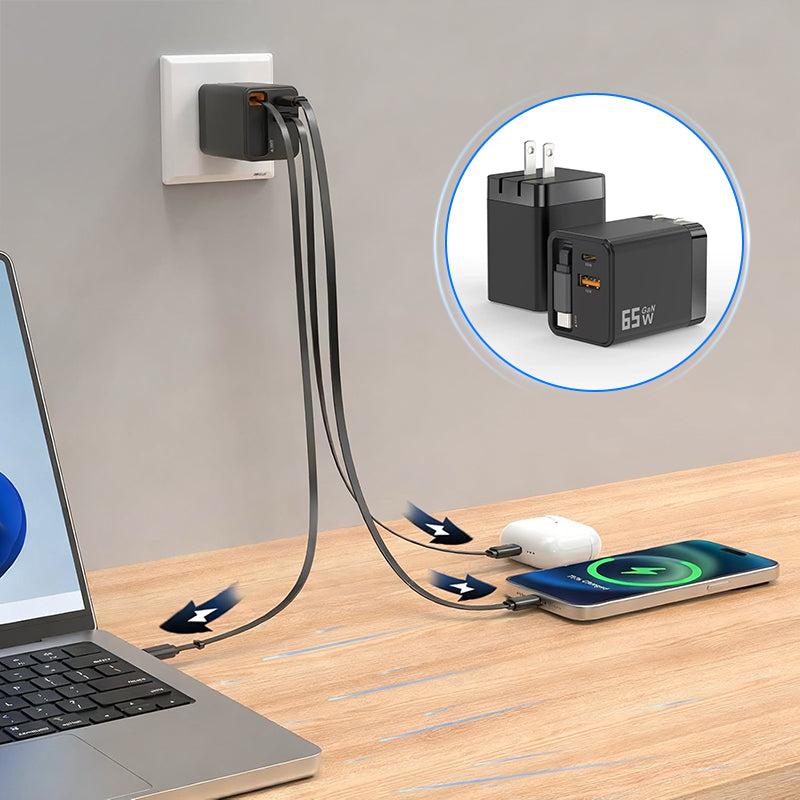 65 W GaN A+C Dual-Port-Schnellladeadapter mit einziehbarem Kabel