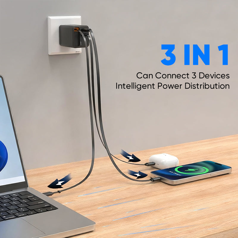 65 W GaN A+C Dual-Port-Schnellladeadapter mit einziehbarem Kabel