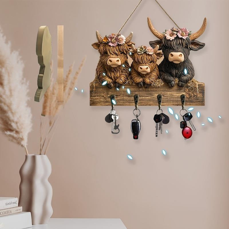 Highland Cow Wooden Key Holder Decor