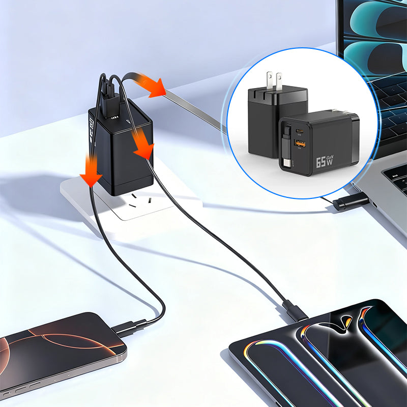 65 W GaN A+C Dual-Port-Schnellladeadapter mit einziehbarem Kabel