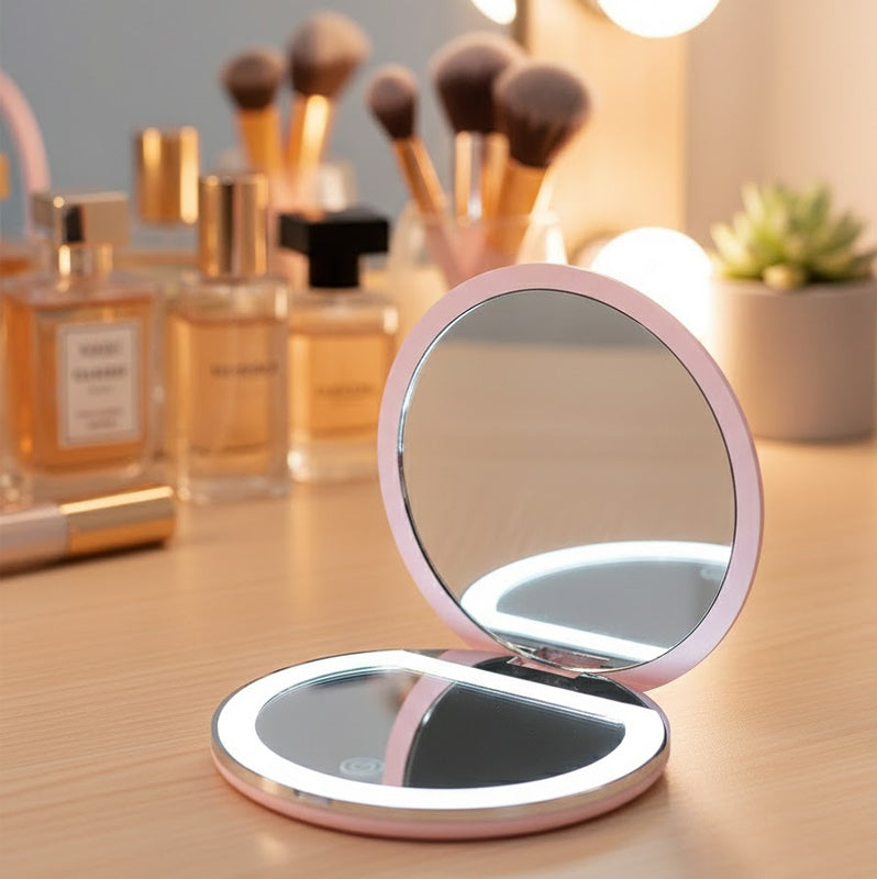 Portabel LED-sminkspegel med dubbelsidigt handtag