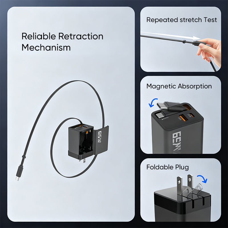 65 W GaN A+C Dual-Port-Schnellladeadapter mit einziehbarem Kabel
