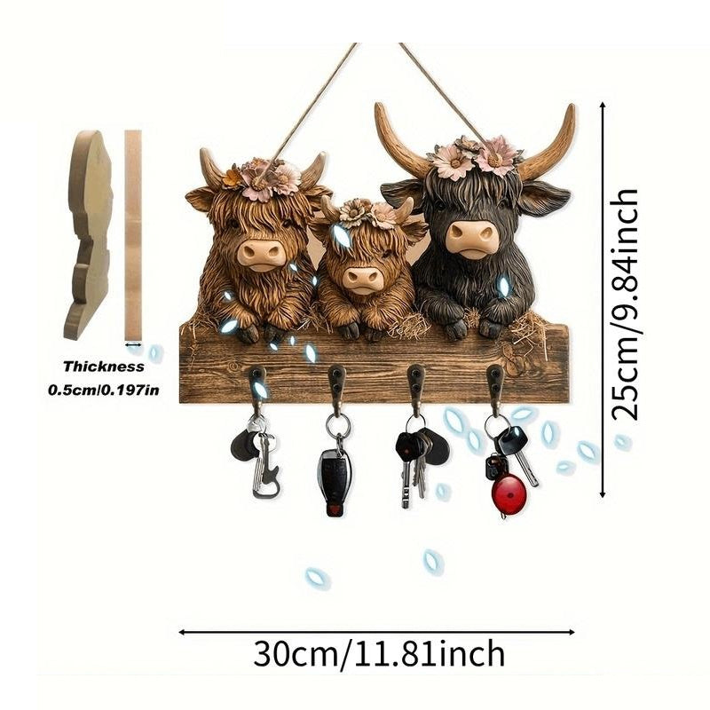 Highland Cow Wooden Key Holder Decor