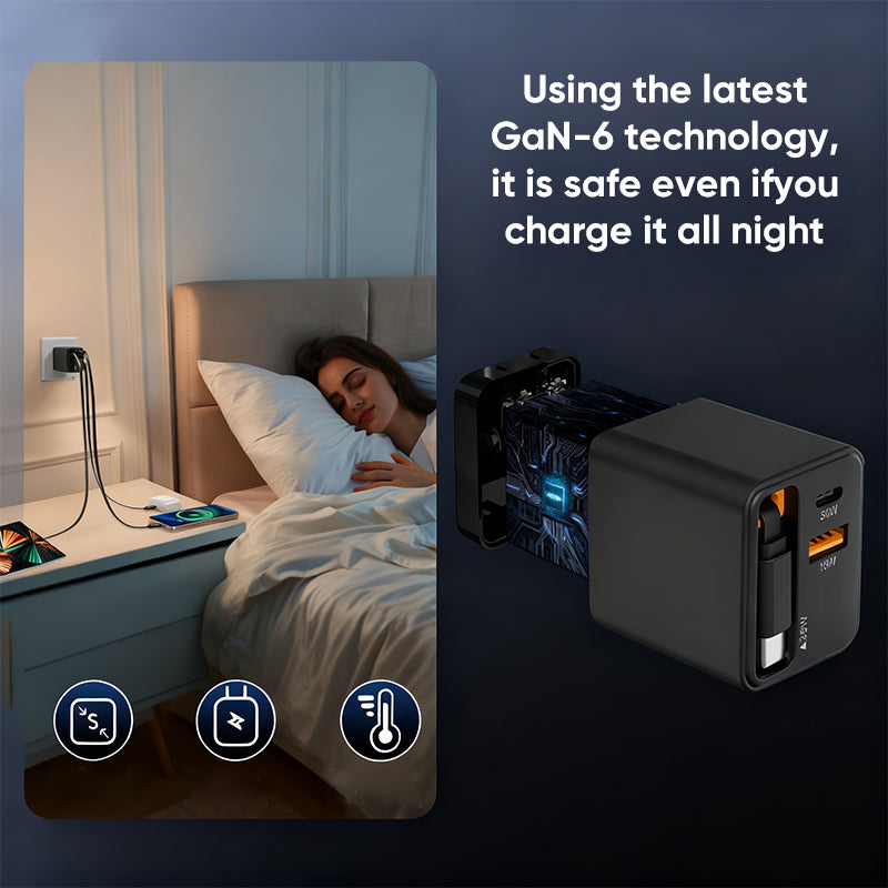 65 W GaN A+C Dual-Port-Schnellladeadapter mit einziehbarem Kabel