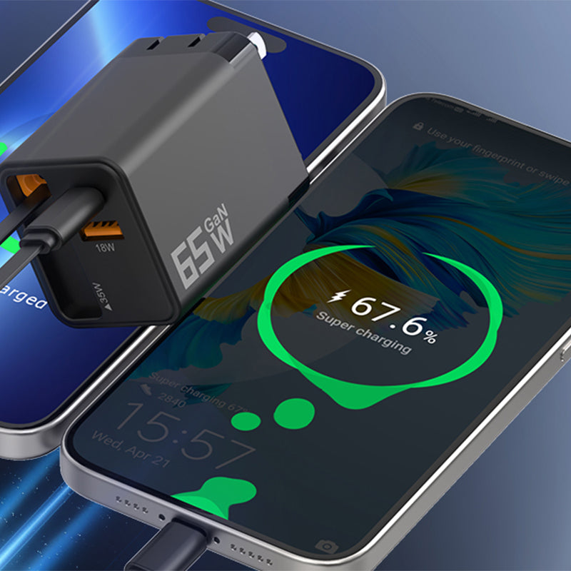 65 W GaN A+C Dual-Port-Schnellladeadapter mit einziehbarem Kabel