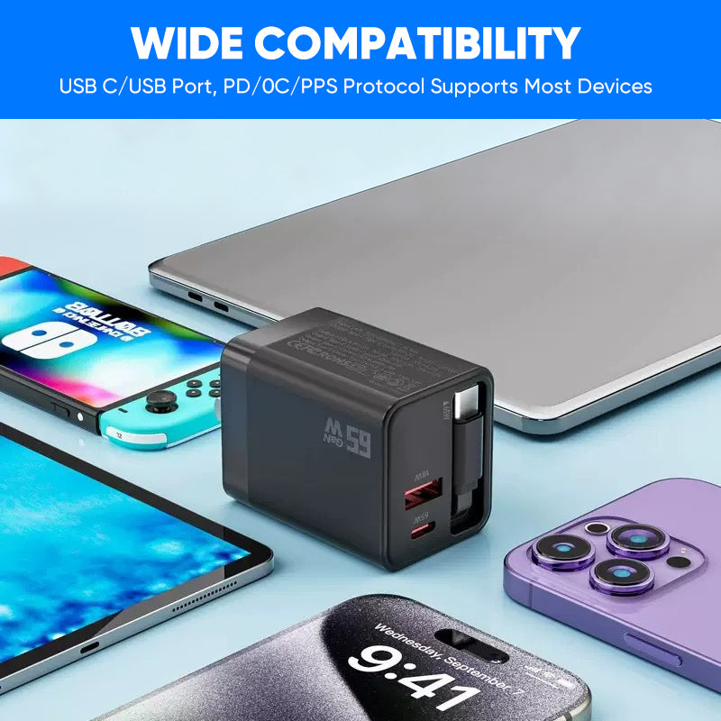 65 W GaN A+C Dual-Port-Schnellladeadapter mit einziehbarem Kabel