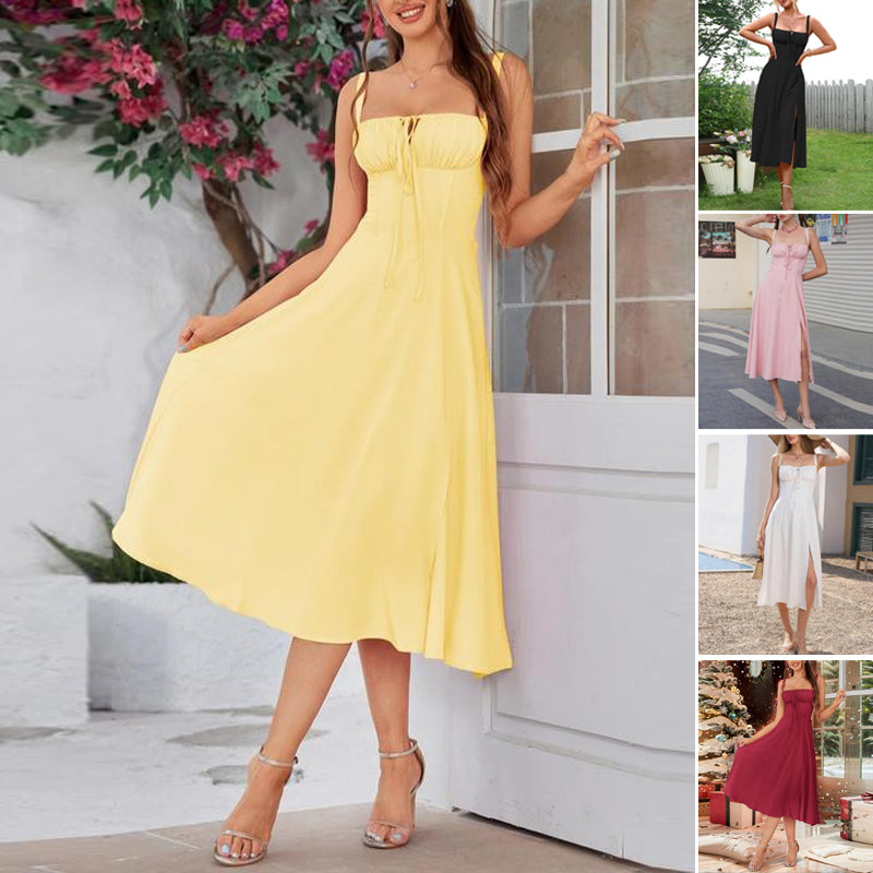 Elegant Waist-Tie Plain Slit Cami Dress