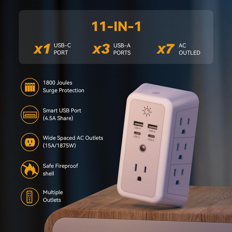Multi Plug Outlet Extender Night Light with USB