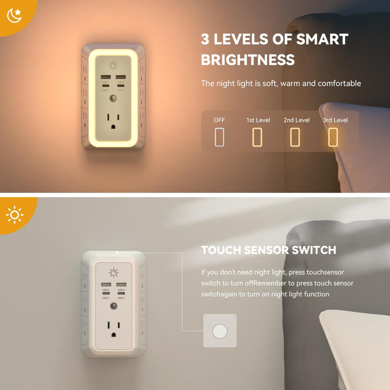 Multi Plug Outlet Extender Night Light with USB