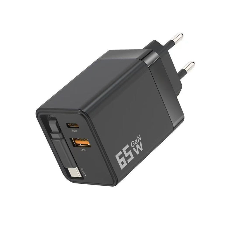 65 W GaN A+C Dual-Port-Schnellladeadapter mit einziehbarem Kabel