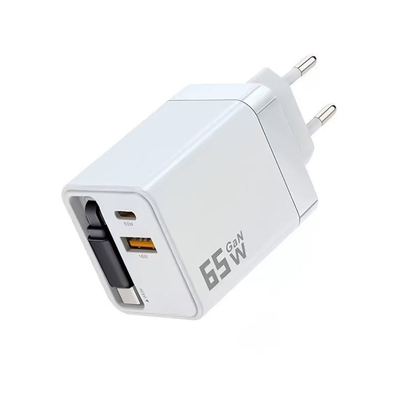 65 W GaN A+C Dual-Port-Schnellladeadapter mit einziehbarem Kabel