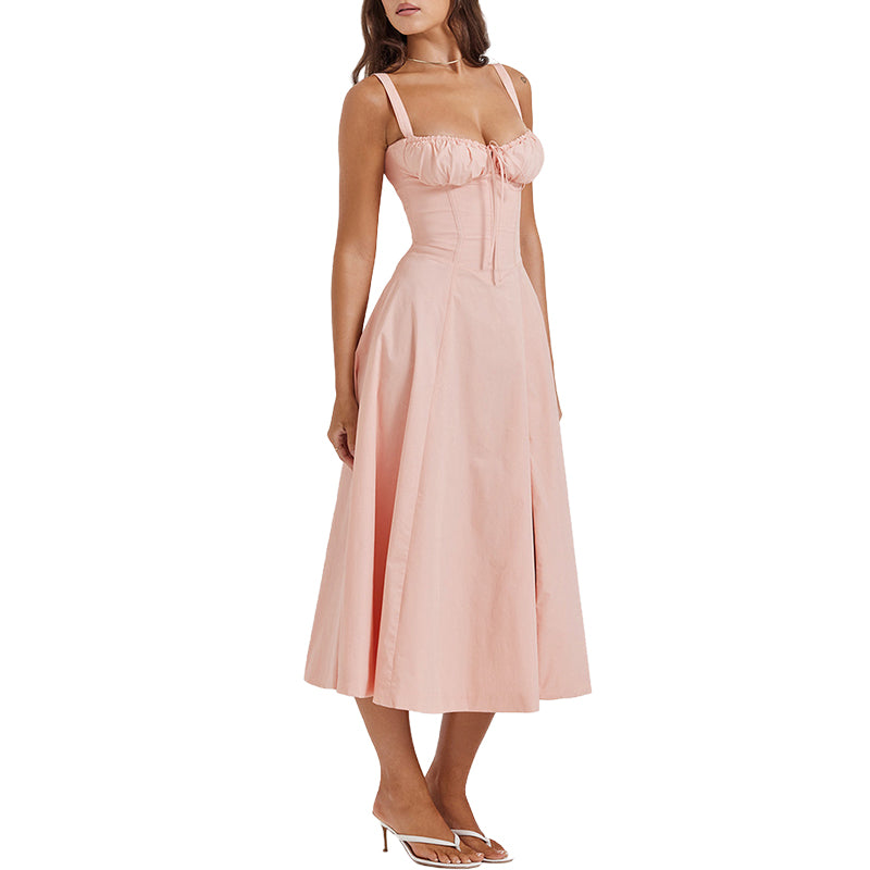Elegant Waist-Tie Plain Slit Cami Dress