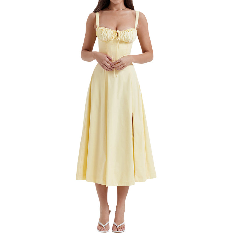 Elegant Waist-Tie Plain Slit Cami Dress