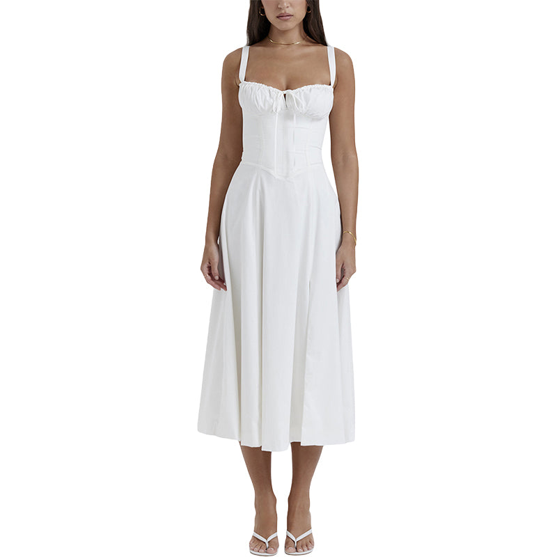 Elegant Waist-Tie Plain Slit Cami Dress