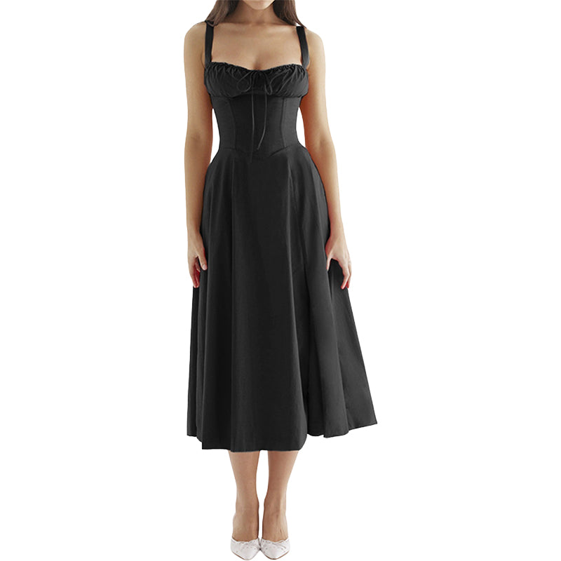 Elegant Waist-Tie Plain Slit Cami Dress