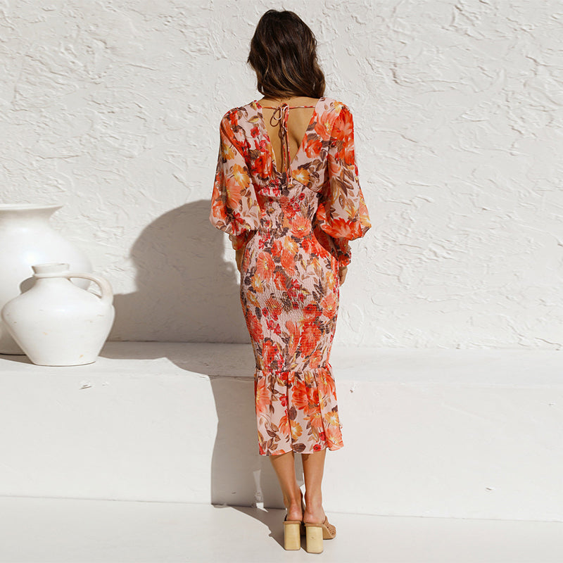 Elastic Waist Long Sleeve V-Neck Print Ruffle Dress