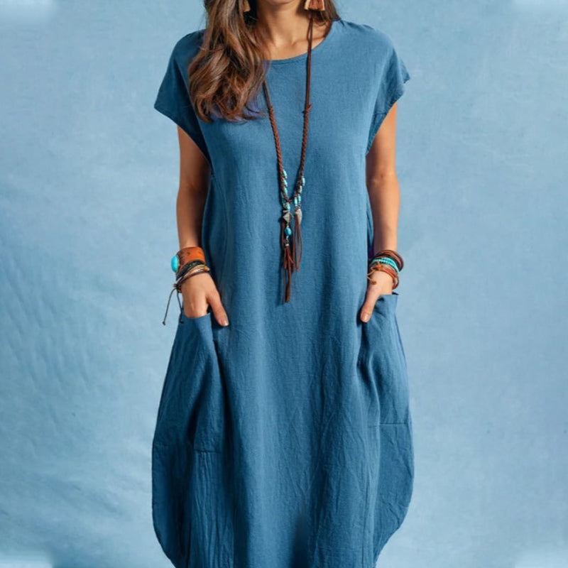 Linen loose solid color dress with pockets
