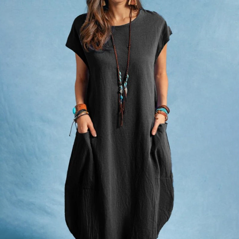 Linen loose solid color dress with pockets