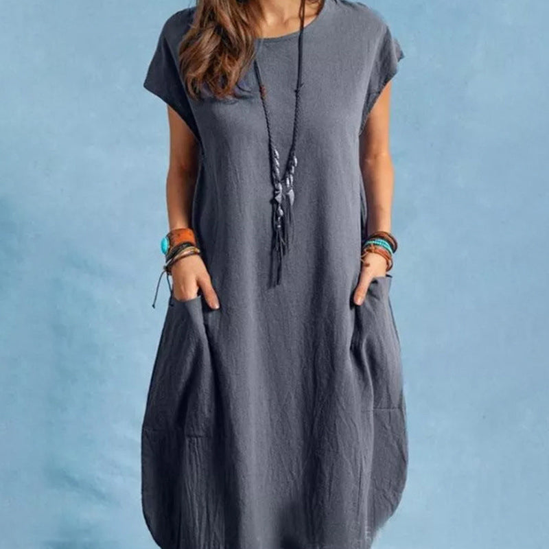 Linen loose solid color dress with pockets