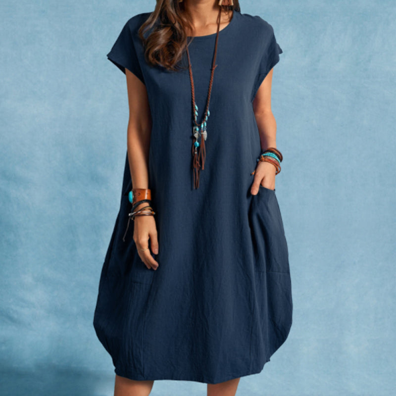 Linen loose solid color dress with pockets