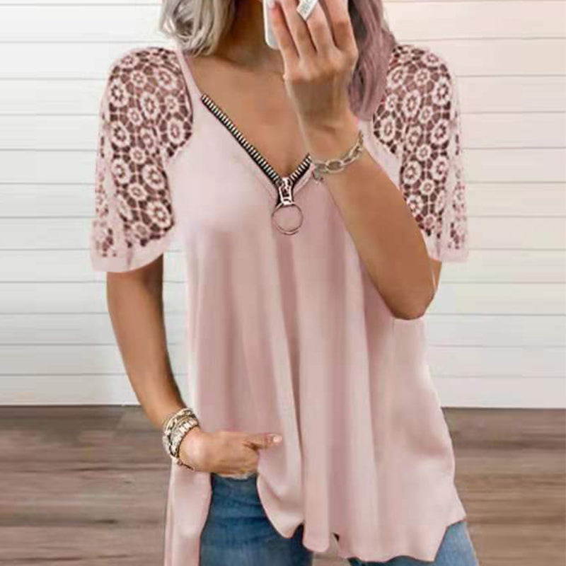 Solid Color Lace Short Sleeve T-Shirt with Zip