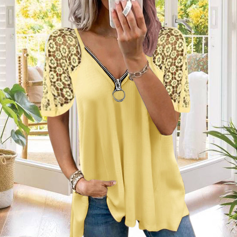 Solid Color Lace Short Sleeve T-Shirt with Zip
