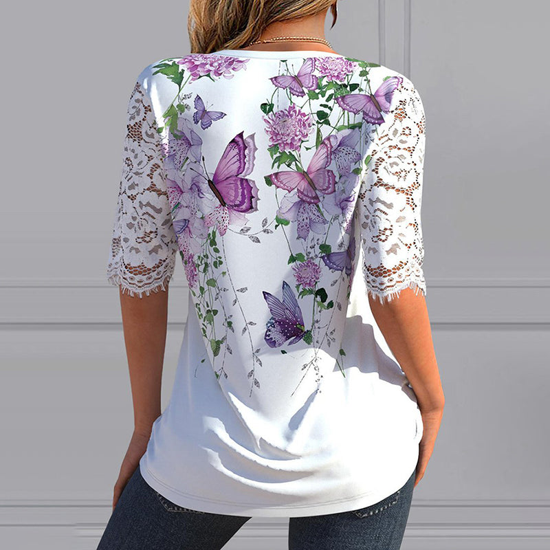 V-neck mid-sleeve printed blouse