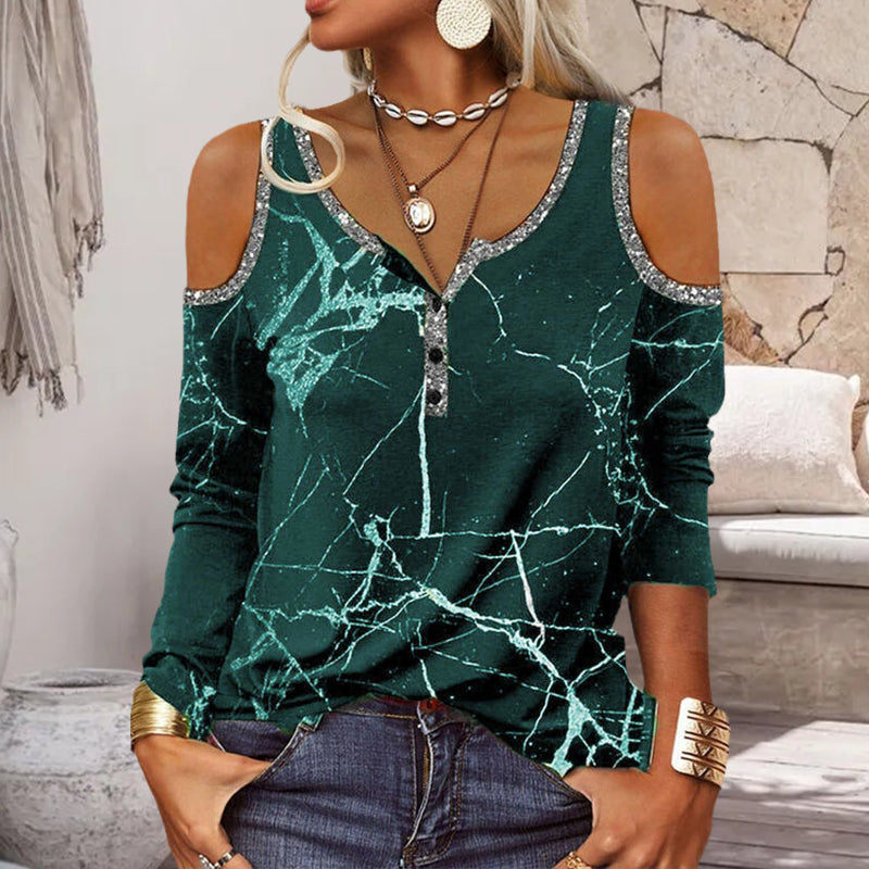 Printed Cold Shoulder Long-sleeve Blouse