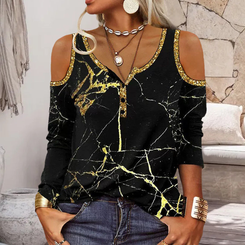 Printed Cold Shoulder Long-sleeve Blouse