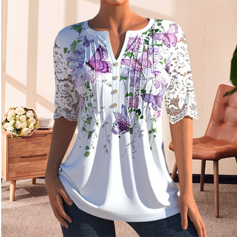 V-neck mid-sleeve printed blouse