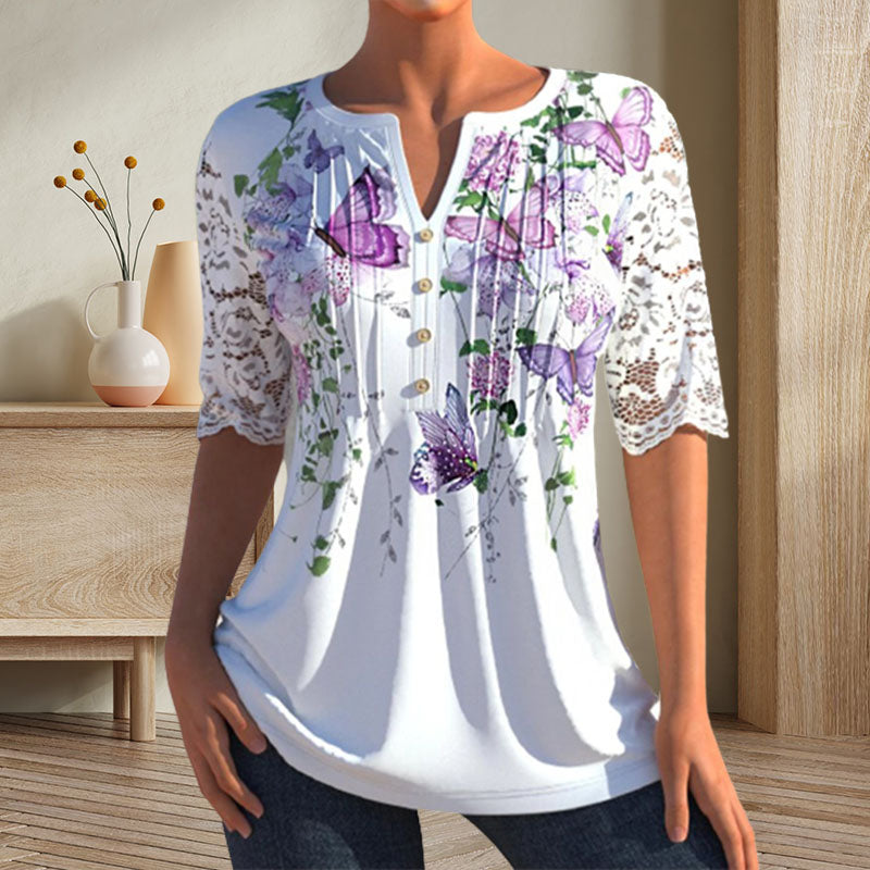 V-neck mid-sleeve printed blouse