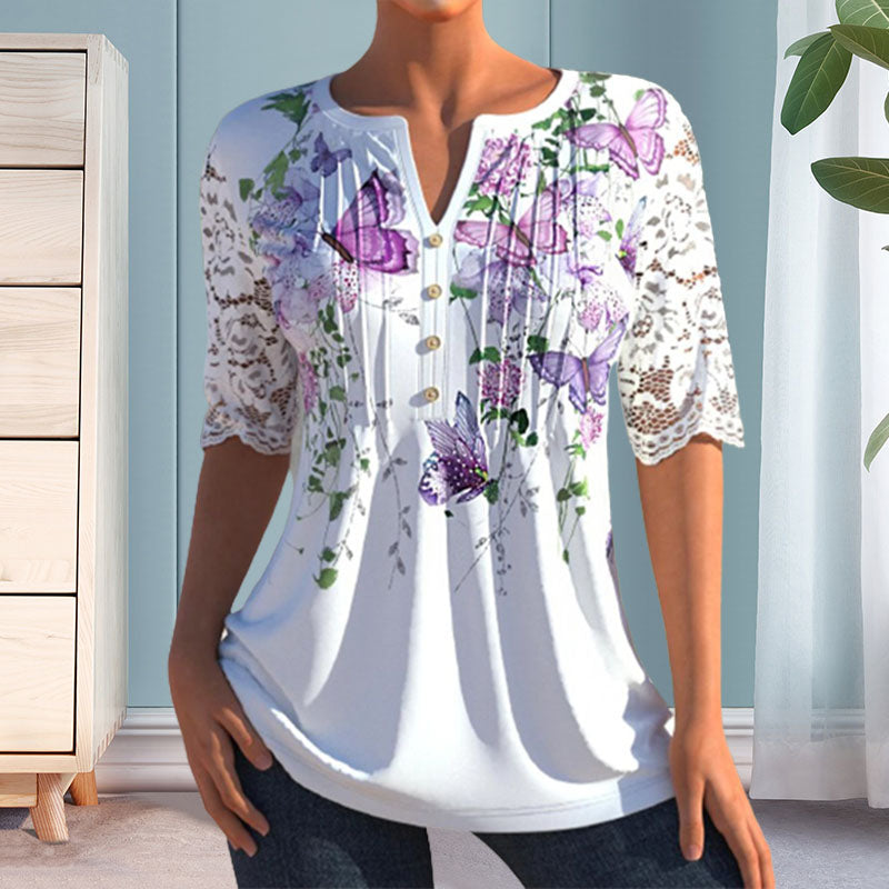 V-neck mid-sleeve printed blouse