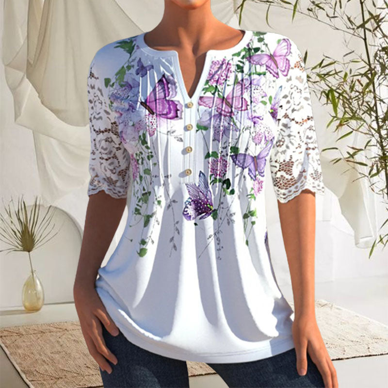 V-neck mid-sleeve printed blouse