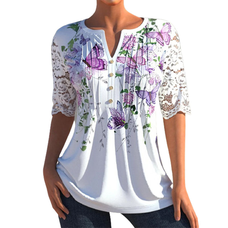 V-neck mid-sleeve printed blouse