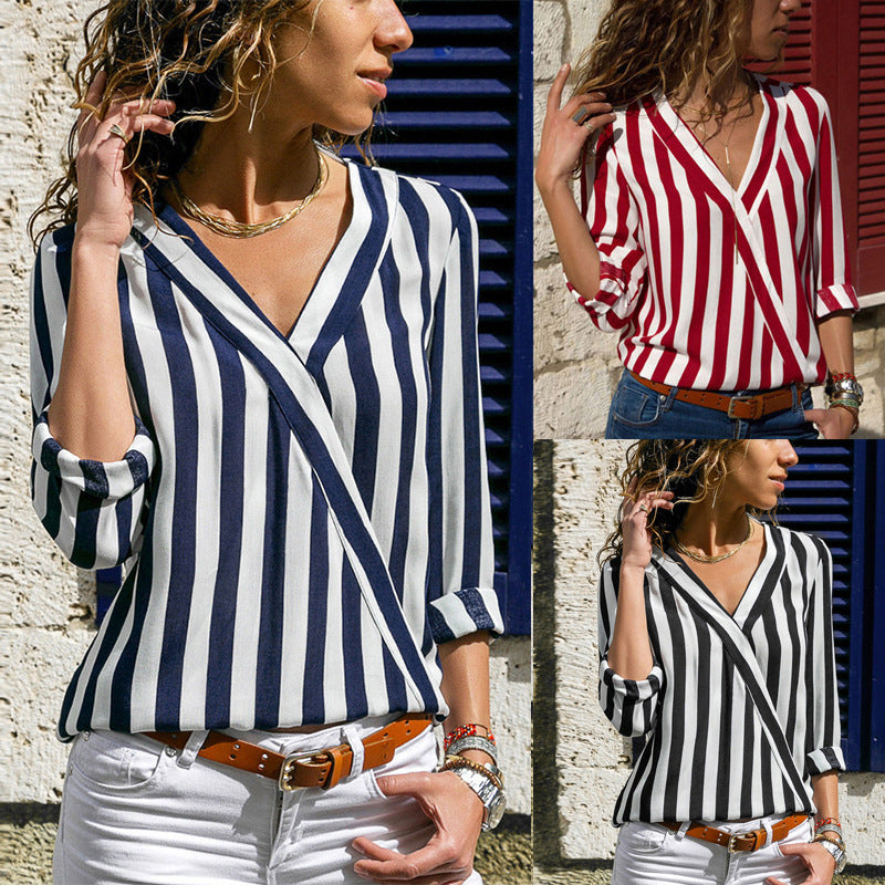 Long-sleeved striped V-neck shirt