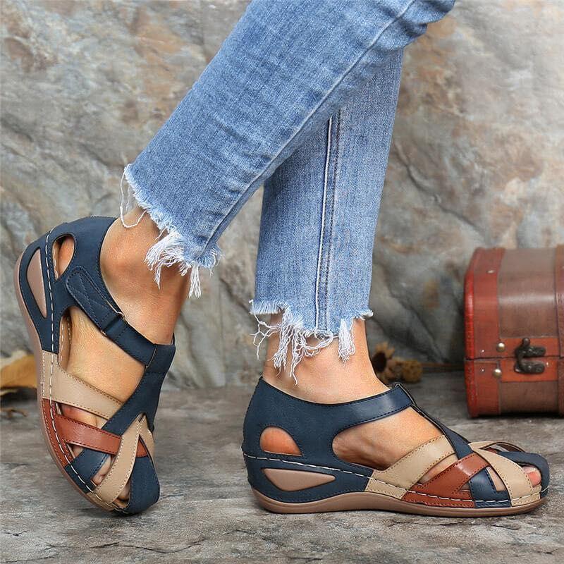 Ladies Retro Round Toe Cross Buckle Sandals