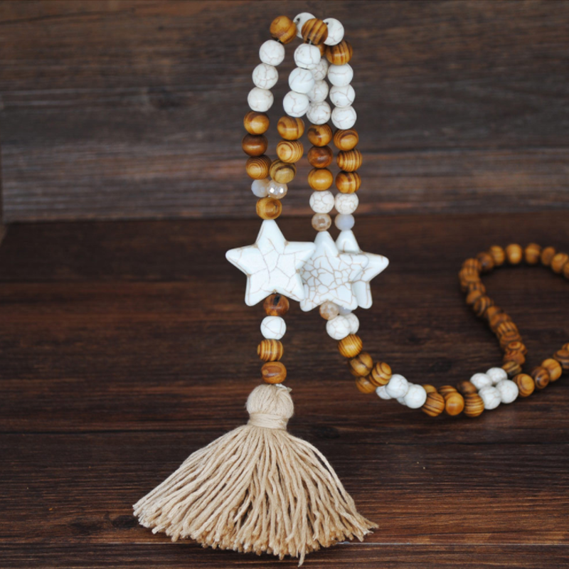 Bohemian Wooden Bead Tassel Necklace