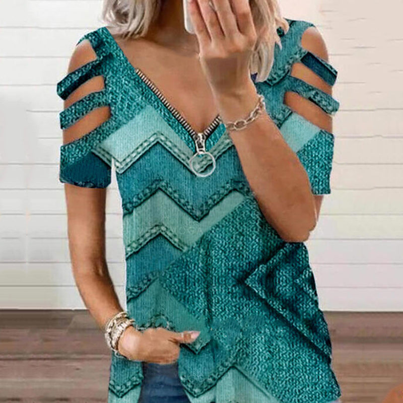 V-neck zipper short-sleeved t-shirt