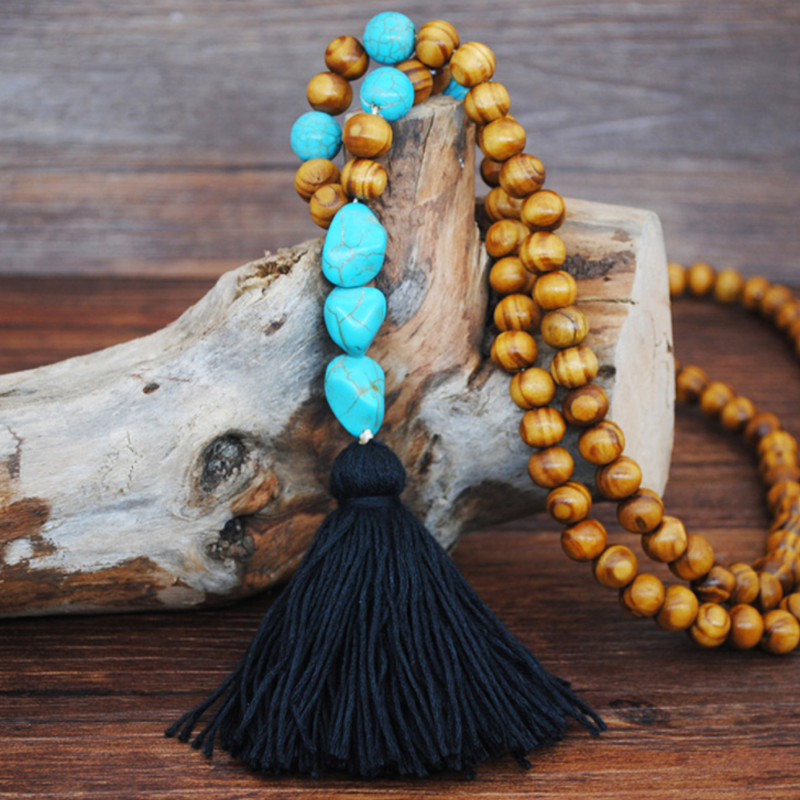 Bohemian Wooden Bead Tassel Necklace