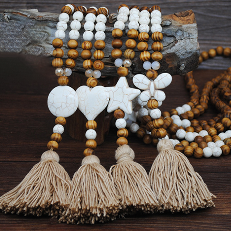 Bohemian Wooden Bead Tassel Necklace